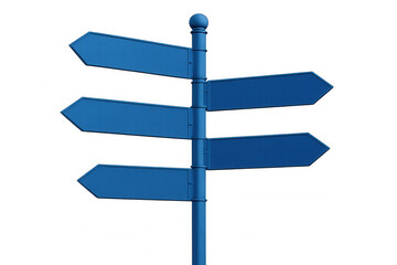 Blank directional arrow signs pointing various ways, mounted on blue metal signpost against transparent backdrop