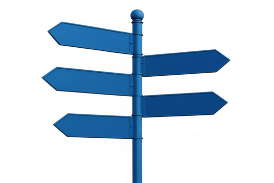 Blank directional arrow signs pointing various ways, mounted on blue metal signpost against transparent backdrop - Powered by Adobe