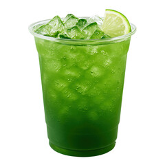 Refreshing green drink with ice and lime slice.