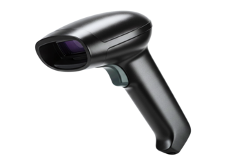 Black handheld barcode scanner isolated on transparent background