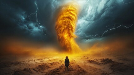 Obraz premium Dramatic Storm with Fiery Tornado in Dark Skies at Dusk