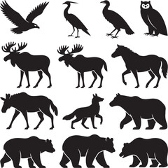 Naklejka premium Collection of Black Silhouette Wildlife Animals on White Background Keywords: animal, wildlife