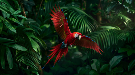 Vibrant scarlet macaw soars through lush tropical jungle foliage
