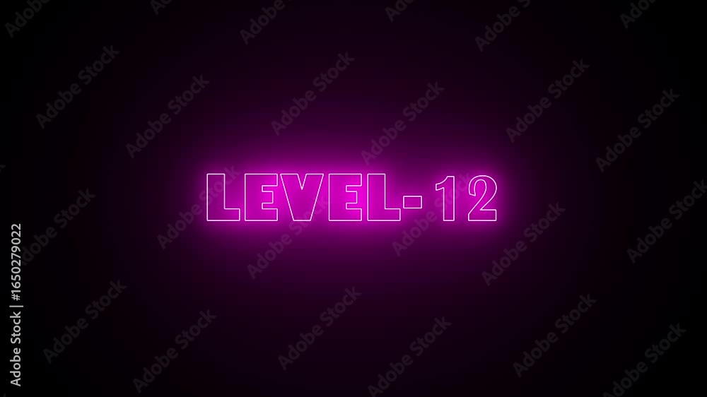Poster level-12 neon bright text font animation. glowing level-12 text with glitch effects animation. game 