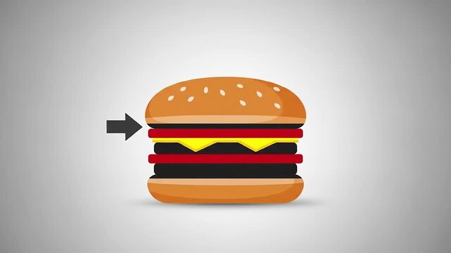 Colorful graphic illustration of a stylized burger with layers of ingredients on a plain background
