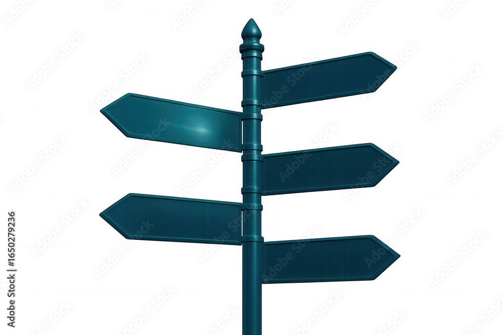 Poster 3d rendering of a blank directional sign post with four arrows pointing in different directions agai