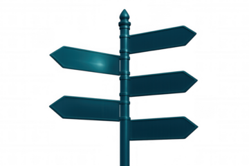 3d rendering of a blank directional sign post with four arrows pointing in different directions against a transparent background, ideal for travel and decision-making concepts