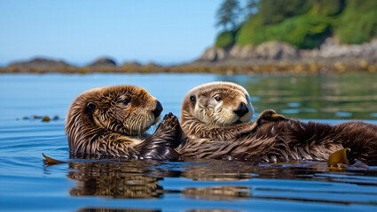 Two adorable sea otters floating peacefully together in calm blue water