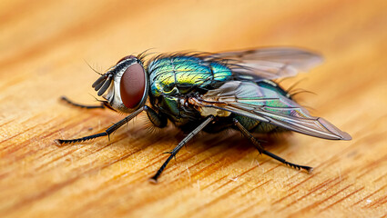 Obraz premium Close up macro shot of a metallic green bottle fly on a wooden surface