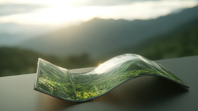 3D Render Of Futuristic Flexible Foldable Phone With Sunrise Background