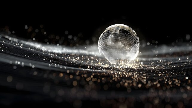 Digital globe representation on a dark background with shimmering particles.