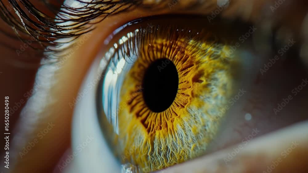 Poster Close up  of an eye with a yellowish brown iris, capturing the unique colors and intricate patterns within the human eyeball.