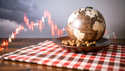 Globe on plate, stock market graph background
