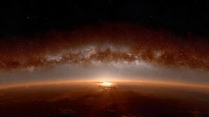 Fototapeta premium Sunrise over a celestial body with a vibrant milky way.