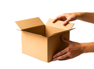 Hands opening a cardboard box isolated on transparent background