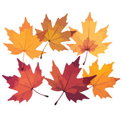 Several maple leaves are displayed with a watercolor style, creating a vibrant autumn scene Perfect for seasonal backgrounds and designs.