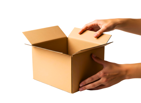 Hands opening a cardboard box isolated on transparent background