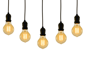 Five edison filament light bulbs hanging from black cords isolated on transparent background