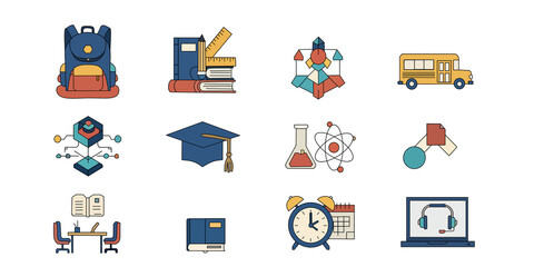 Back to school vector icon set for education, featuring school supplies, learning tools, academic symbols, and study elements. Ideal for educational projects, websites, and presentations.