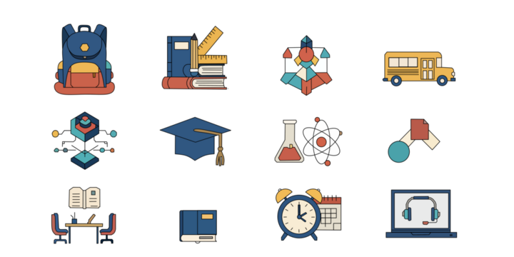 Back to school vector icon set for education, featuring school supplies, learning tools, academic symbols, and study elements. Ideal for educational projects, websites, and presentations.