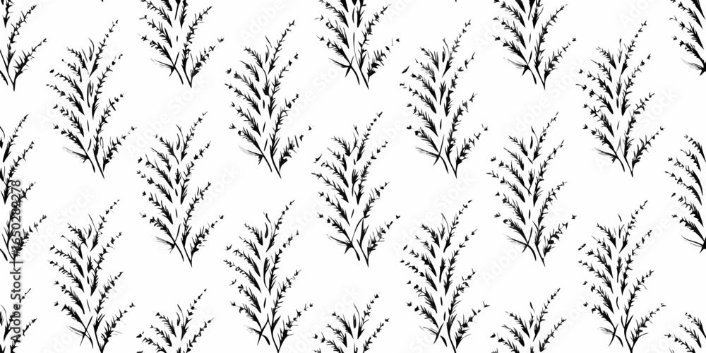 Poster vector seamless pattern of stylized black floral elements on a white background creating a dense rep