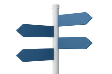 Blank directional signpost rendering, four blue arrows pointing outward, transparent background, showcasing navigation concept