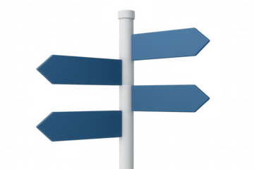 Blank directional signpost rendering, four blue arrows pointing outward, transparent background, showcasing navigation concept