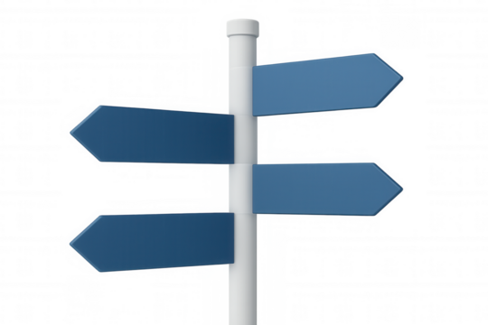 Blank directional signpost rendering, four blue arrows pointing outward, transparent background, showcasing navigation concept
