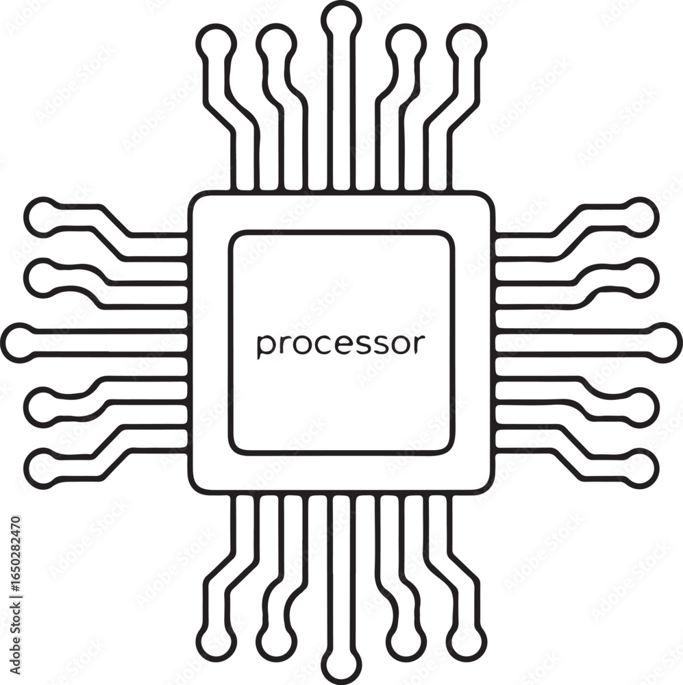 Aufkleber stylized line drawing of a computer processor chip with radiating pins and the word processor inside