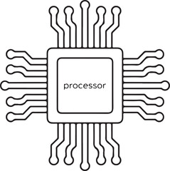 Stylized line drawing of a computer processor chip with radiating pins and the word processor inside