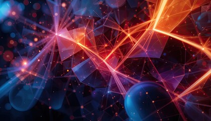 Abstract polygonal network with glowing lines and particles in blue and orange colors forming shapes