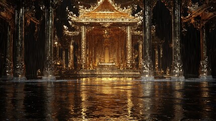 Golden temple hall with reflective floor.