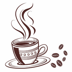 Hand drawn illustration of a steaming cup of coffee with scattered coffee beans on a white background