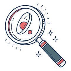 Magnifying glass examining a stylized atom with orbiting electrons and a bright spark effect