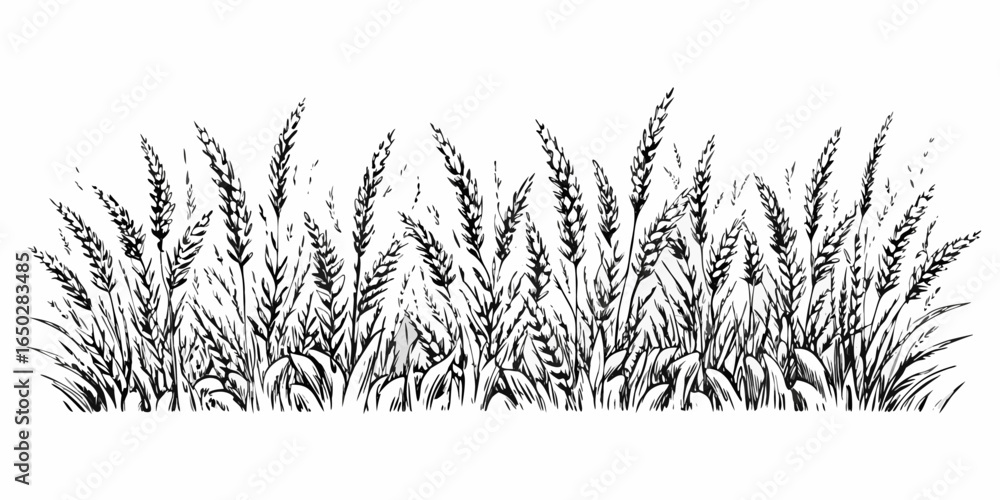 Poster vector a detailed monochrome illustration of a field of wheat with intricate linework and varying he