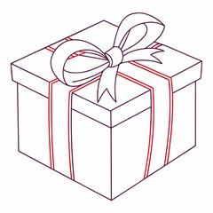 Simple line art isometric gift box tied with a red ribbon and bow isolated on white