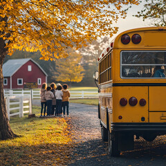 A classic school bus at a rural stop in autumn, children ready to board, warm morning mist, and falling leaves in the countryside. Back-to-school nostalgia in focus.