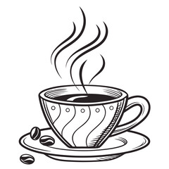 Stylized black and white illustration of a steaming cup of coffee with coffee beans on a saucer