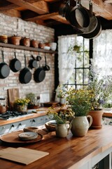 Fototapeta premium In a cozy farmhouse kitchen, a sturdy oak table is adorned with ceramic dishes and surrounded by vibrant flower pots. Natural light floods through large windows, enhancing the rustic ambiance
