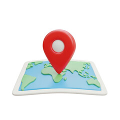 3d red pin on a stylized world map isolated on transparent background