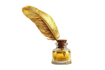 Golden quill in a small glass bottle.  A golden feather, meticulously detailed, dips into a small, clear glass bottle filled with a golden liquid, corked at the top