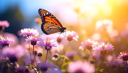 Serene nature scene with a monarch butterfly perched on a pink chrysanthemum, bathed in the soft glow of morning sunlight.
