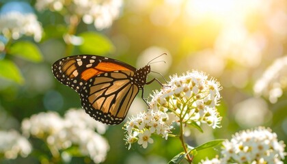 Fototapeta premium Monarch Butterfly on White Flowers in Sunlight A Natural Beauty