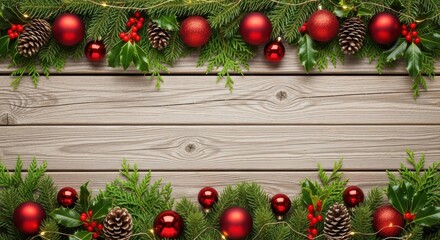 Rustic Christmas Garland Border with Glowing Lights and Red Ornaments on Weathered Wood