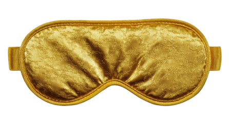 A golden sleep mask.  Soft, textured gold fabric covers the eye portion, while gold-colored bands form the headband