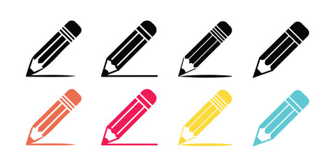 Assorted Colorful Pencils Writing, Black and White Variations of Drawing Tools Icon Set on White