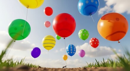 Obraz premium A whimsical depiction of an ant carrying balloons across a grassy landscape under a blue sky