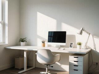 Bright minimalist home office interior with a white desk, desktop computer, and ergonomic chair. Natural sunlight creates warm shadows on the wall, while potted plants and a desk lamp add a fresh
