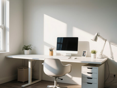 Bright minimalist home office interior with a white desk, desktop computer, and ergonomic chair. Natural sunlight creates warm shadows on the wall, while potted plants and a desk lamp add a fresh