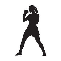 Silhouette vector of a female boxer in a fighting stance during a boxing match.